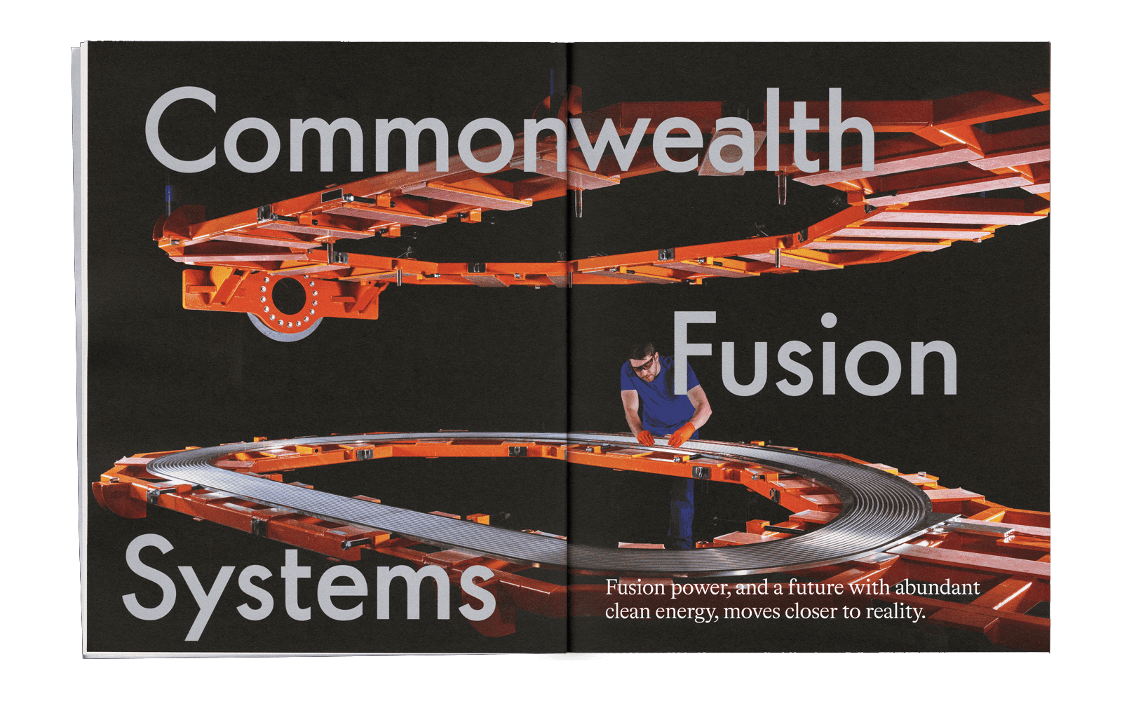 Magazine spread reading Commonwealth Fusion Systems with an orange assembly line against a black background