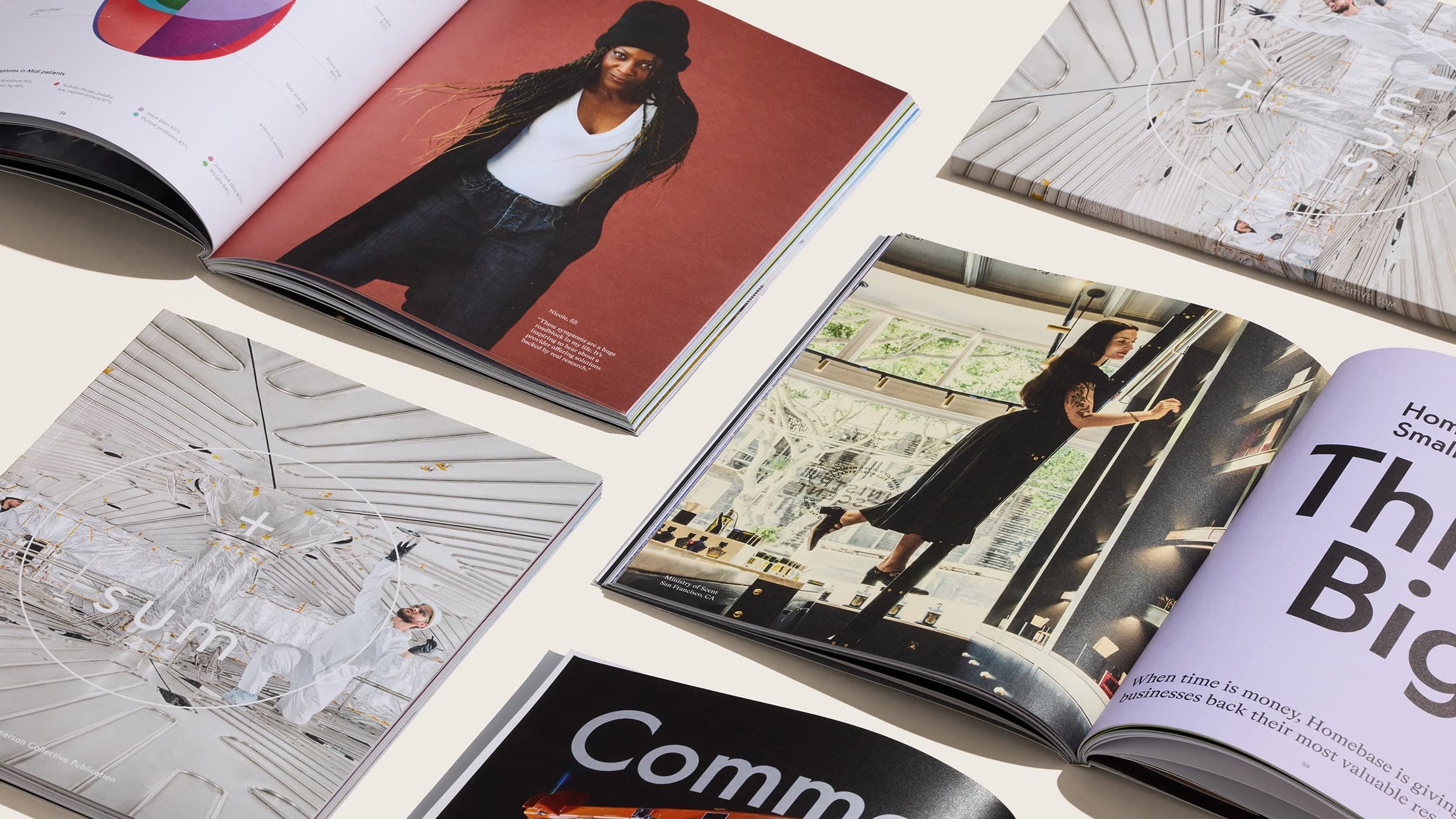 Close of several magazine spreads with various pictures