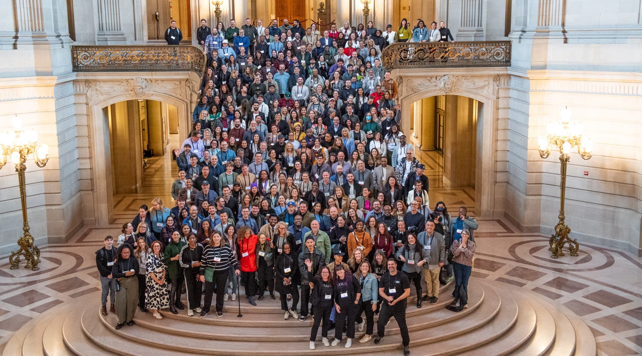 A large group of people on a a large staircase